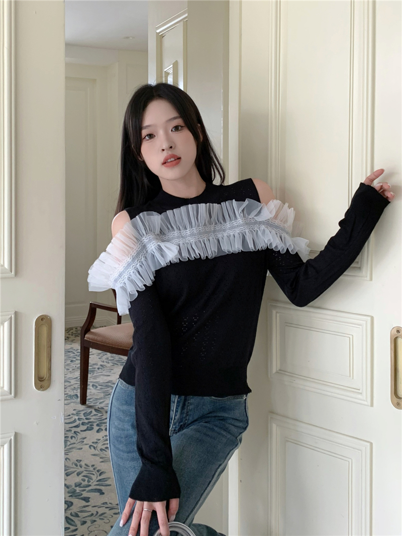 實拍露肩網紗拼接毛衣女秋冬季新款設計感長袖打底針織衫上衣