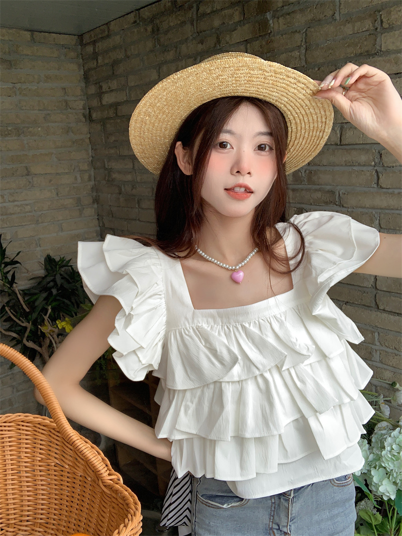 清新可愛飛飛袖綁帶上衣女新款設計感寬鬆短款荷葉邊襯衫