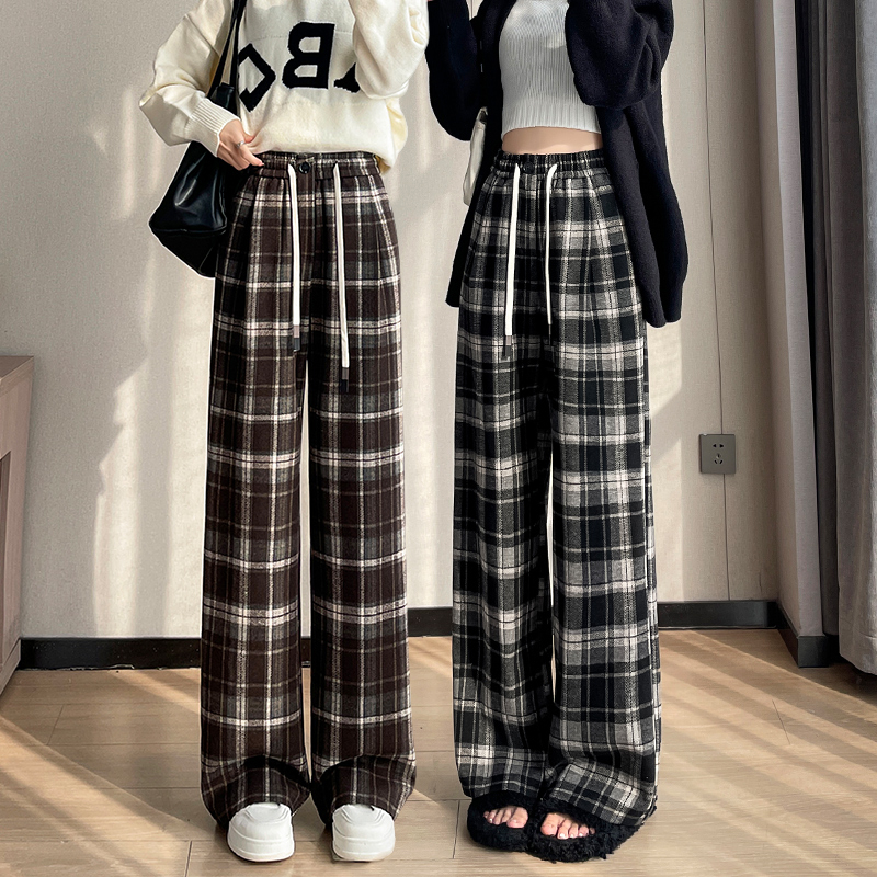 美拉德毛呢格子褲子女秋冬2023新款美式復古加絨闊腿休閒褲