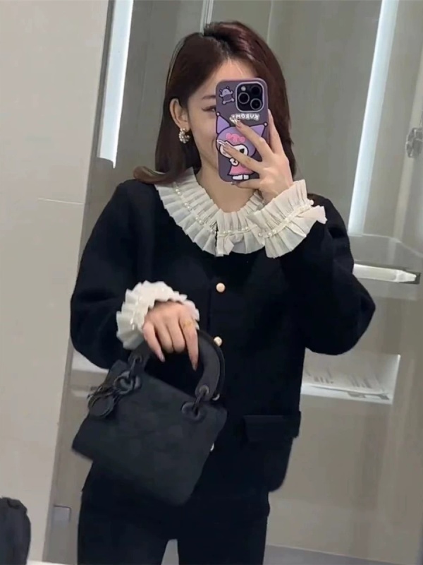 歐貨冬季新款釘珠花邊百搭時尚小香風毛衣女高級感內搭針織衫開衫