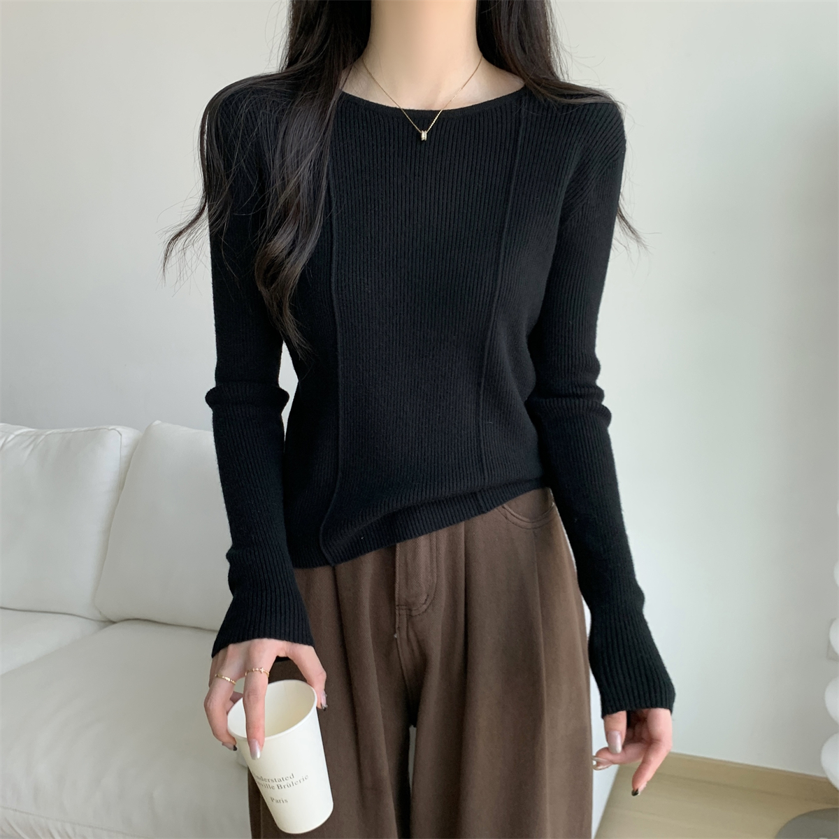 實拍 秋冬韓版圓領修身魚骨顯瘦內搭安迪絨針織打底衫毛衣女