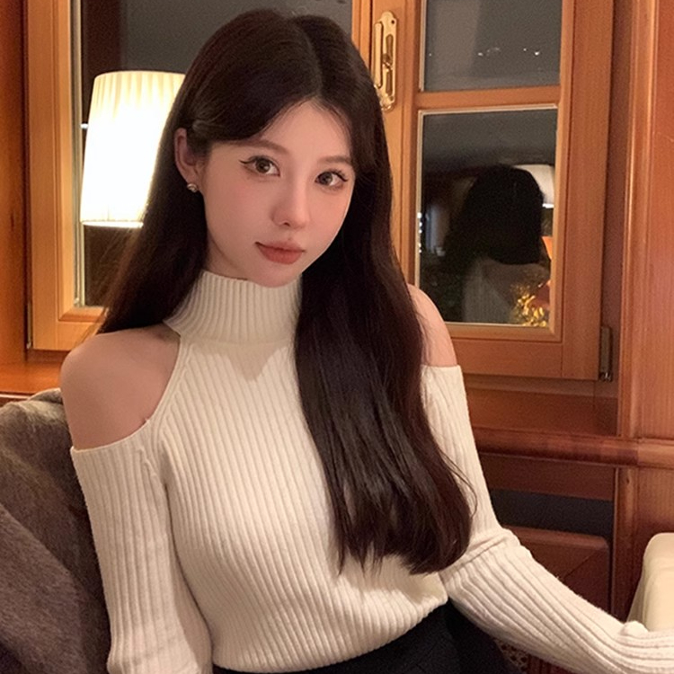 純欲風半高圓領長袖露肩修身顯瘦氣質百搭打底內搭針織上衣女秋冬