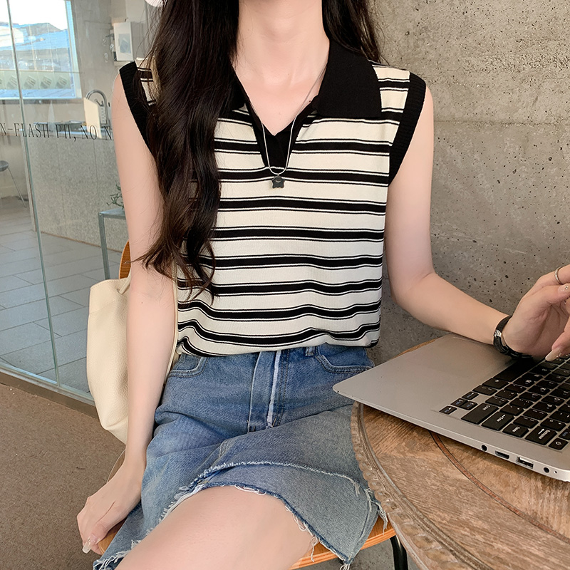 實拍 polo領針織衫短款條紋小吊帶背心女內搭外穿無袖T恤夏季上衣