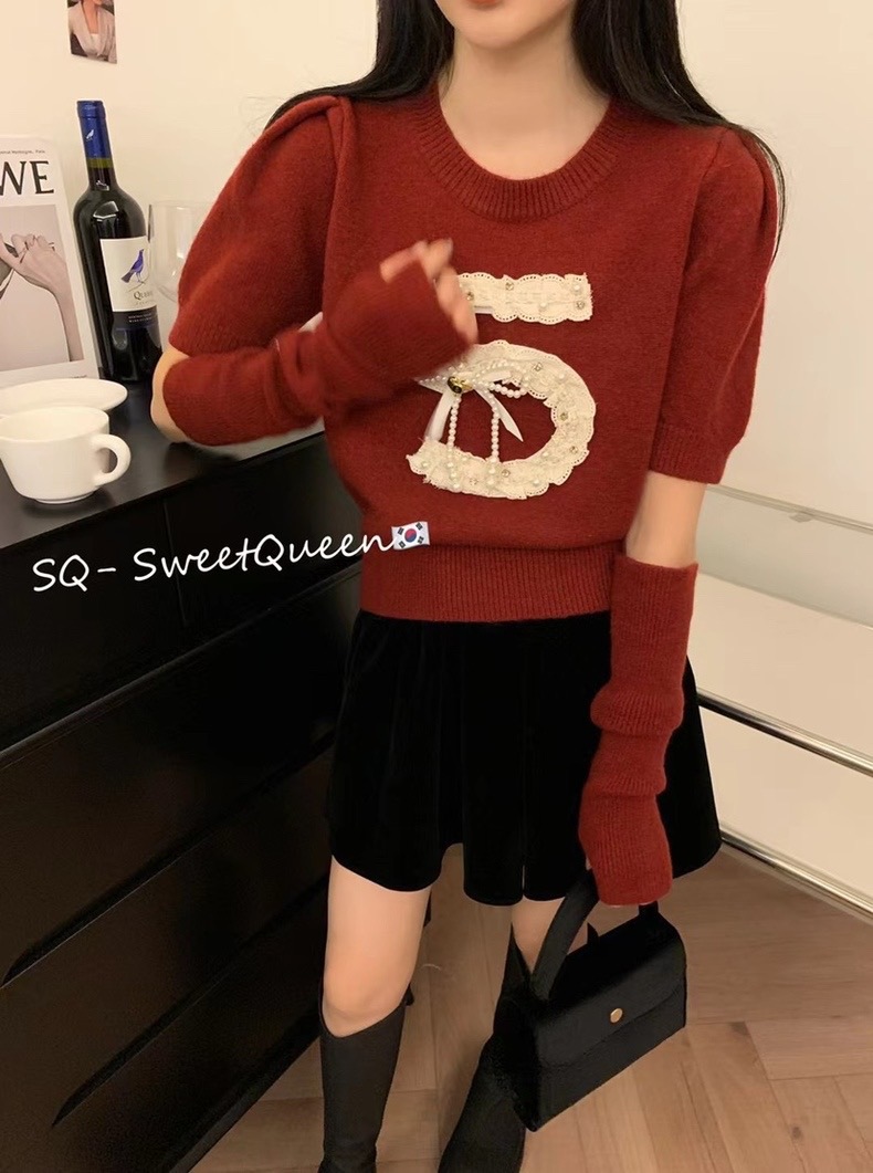 純欲短款分袖套泡泡袖毛衣女秋冬2023新款設計感小個子針織衫上衣