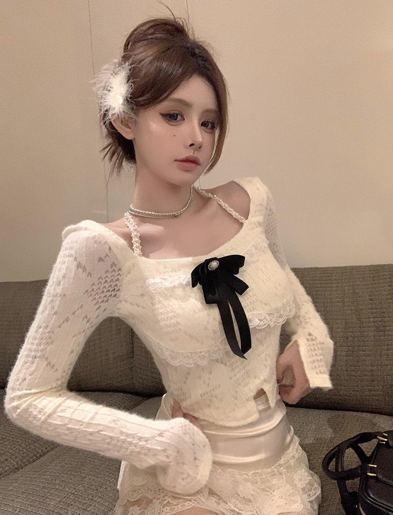實拍！釘珠掛脖設計感蝴蝶結絨感甜美蕾絲短款長袖上衣女2379