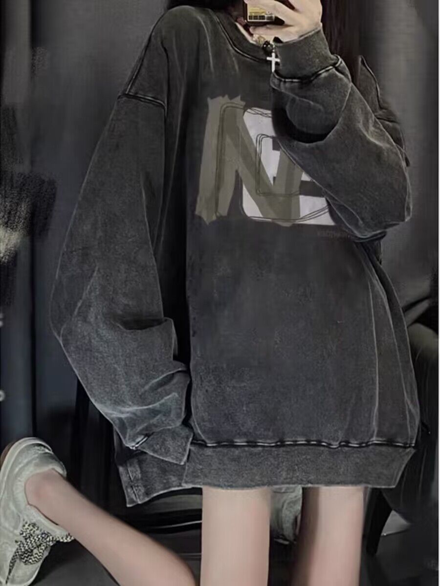 純棉華棉複合牛奶絲320克銀狐絨420克水洗做舊復古圓領衛衣女