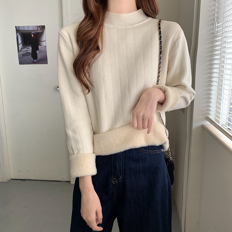 韓國保暖一體貂毛加厚加絨半高領套頭毛衣打底長袖針織衫女
