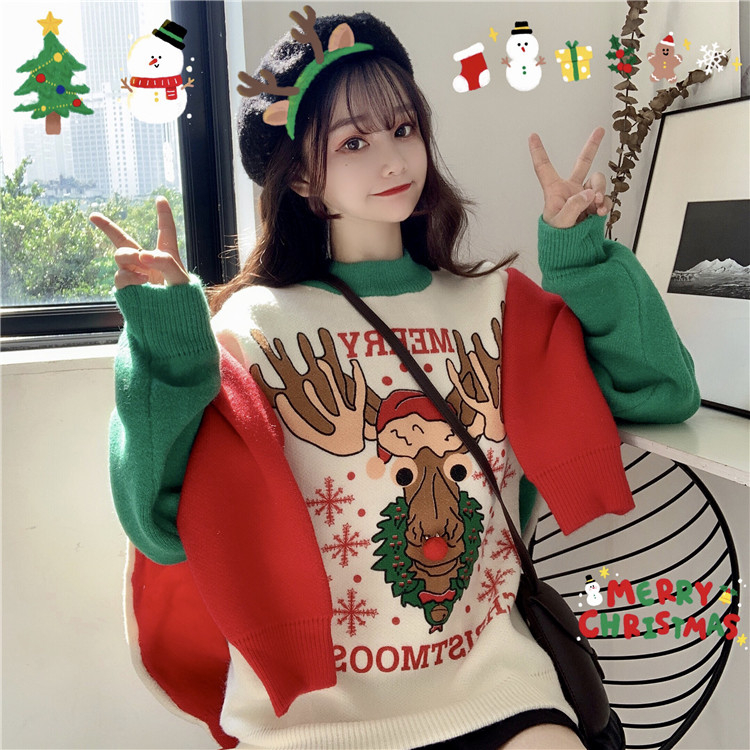 復古甜美聖誕毛衣女小眾外穿秋冬森系法式寬鬆針織衫洋氣潮