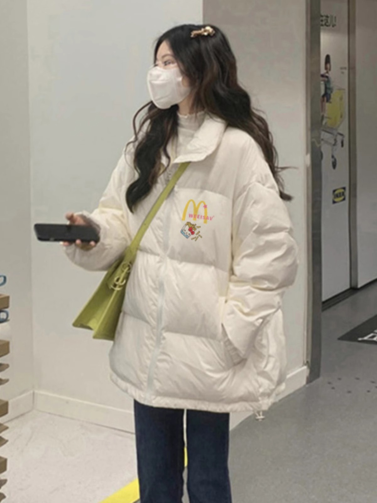 高品質手塞棉加厚冬季新款棉服寬鬆印花棉衣麵包服女