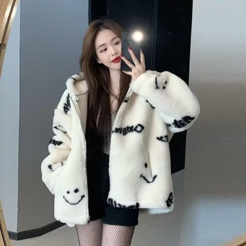 New autumn and winter stand-up collar smiley imitation lamb fur coat for women mid-length rabbit fur loose plush coat