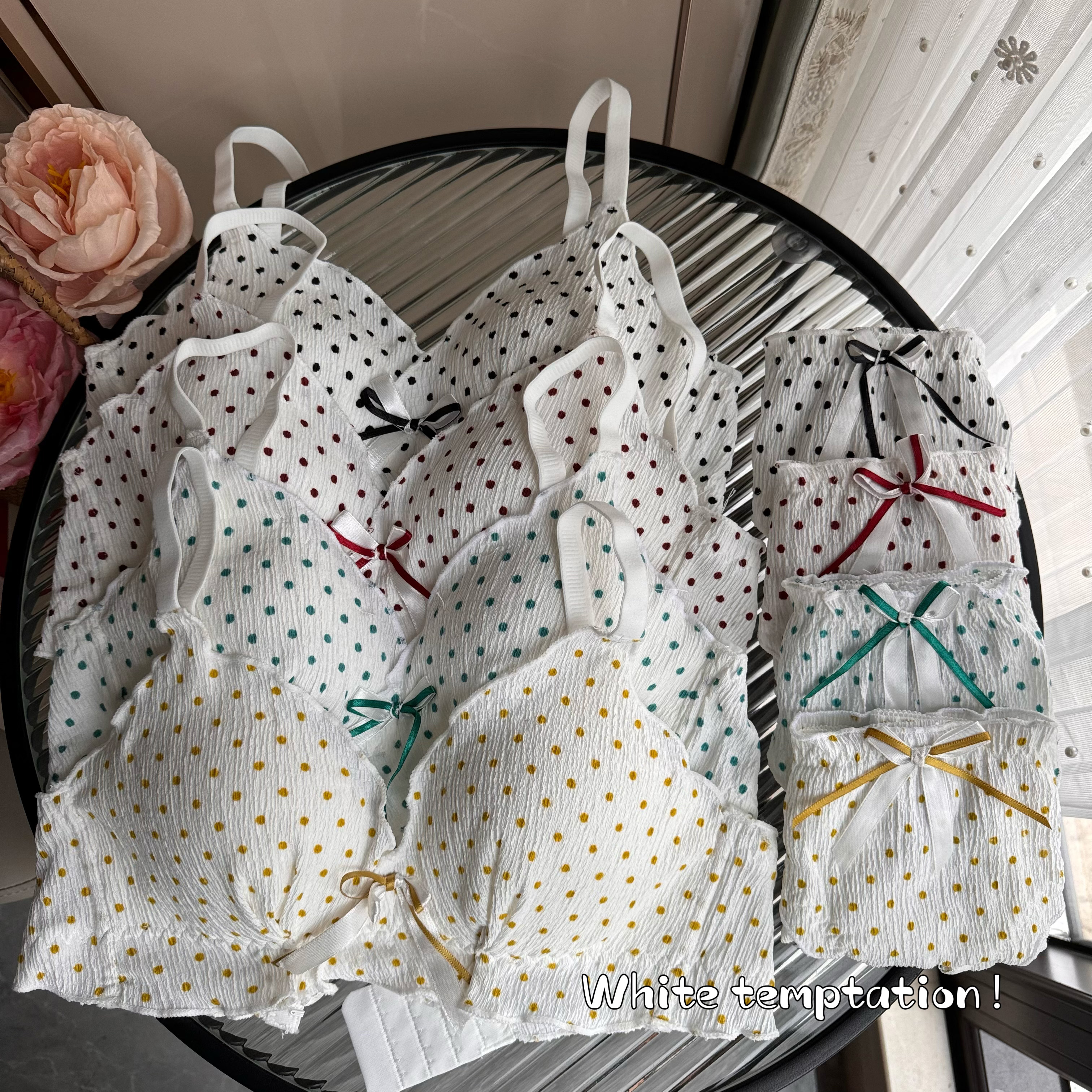實拍日系性感白色波點聚攏無鋼圈文胸套裝少女胸罩收副乳內衣