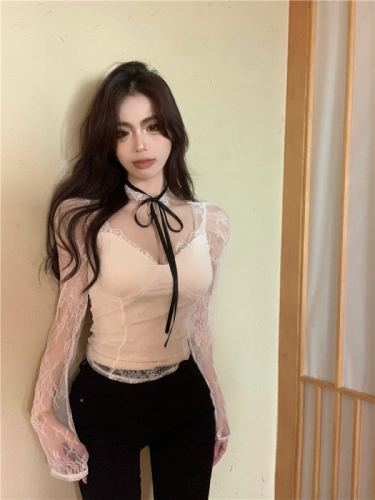 Real shot!  Pure lust style V-neck lace long-sleeved T-shirt for women slimming bow halter neck top