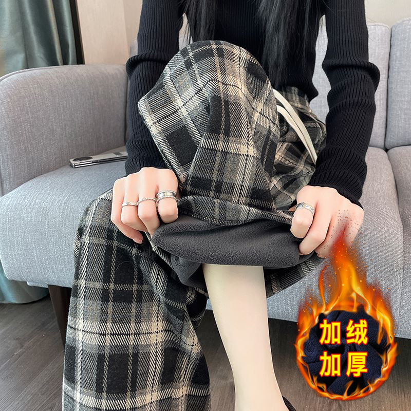 加絨加厚毛呢格子褲女秋冬新款復古高腰垂感寬鬆休閒闊腿褲