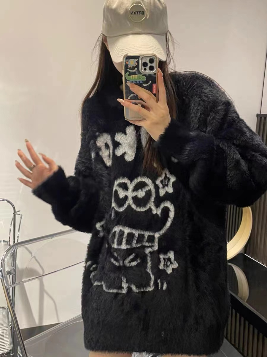 軟糯可愛慵懶風卡通提花設計秋冬新款毛衣寬鬆圓領百搭針織衫上衣
