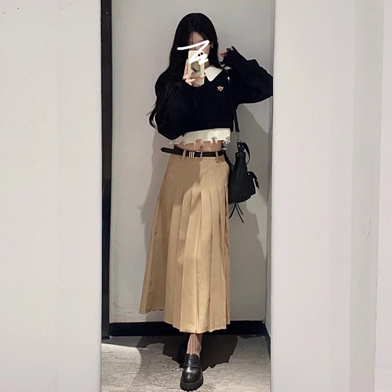 學院風黑色套頭毛衣女秋冬季2023新款假兩件短款長袖針織上衣外穿
