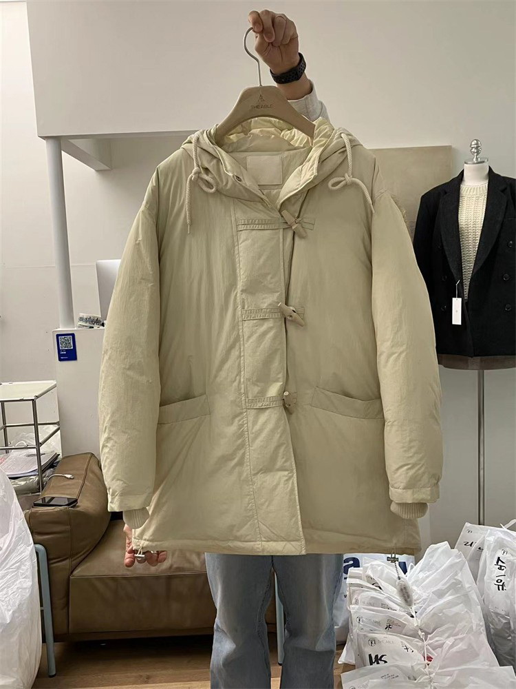 2023冬季新品白鴨絨連帽羽絨服女韓版加厚牛角扣羽絨外套中長款潮