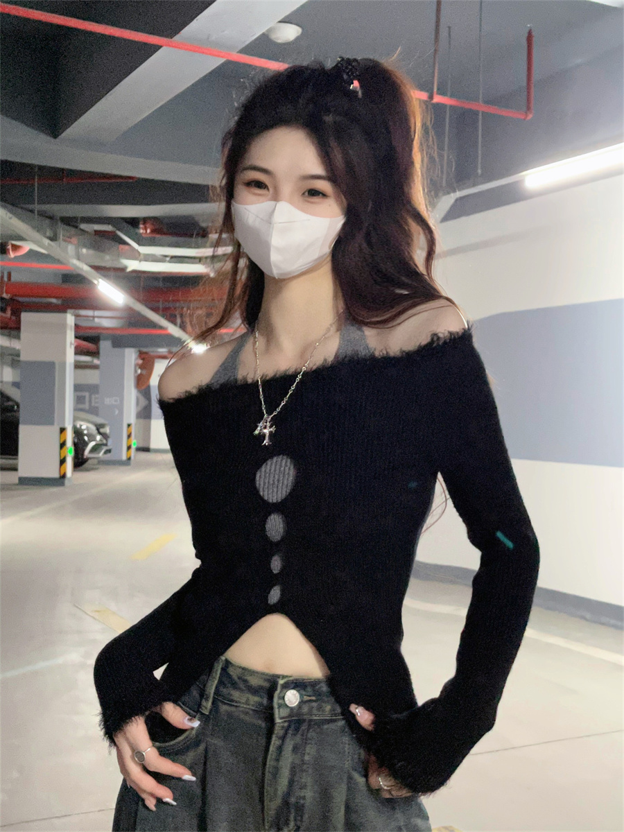 實拍秋季設計感假兩件針織衫修身長袖上衣新款女小眾辣妹