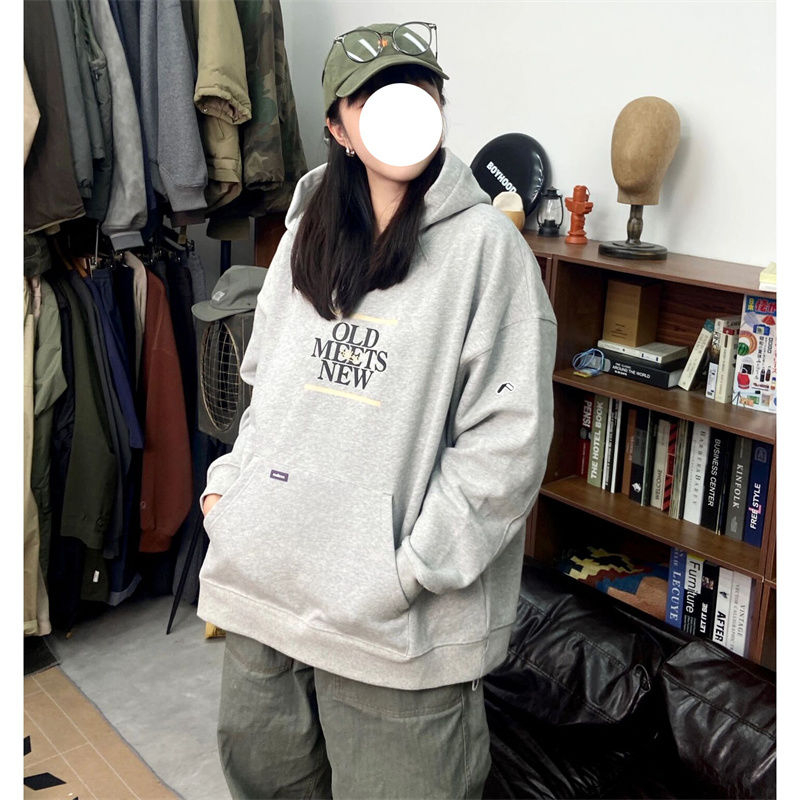 Shi Mao Hua cotton thin coated milk silk/thick coated silver fox velvet bag print gray hooded sweatshirt