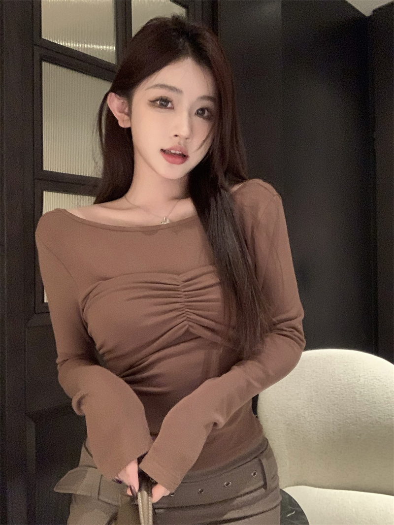 實拍 兩穿褶皺純欲修身顯瘦內搭性感辣妹長袖兩件套上衣