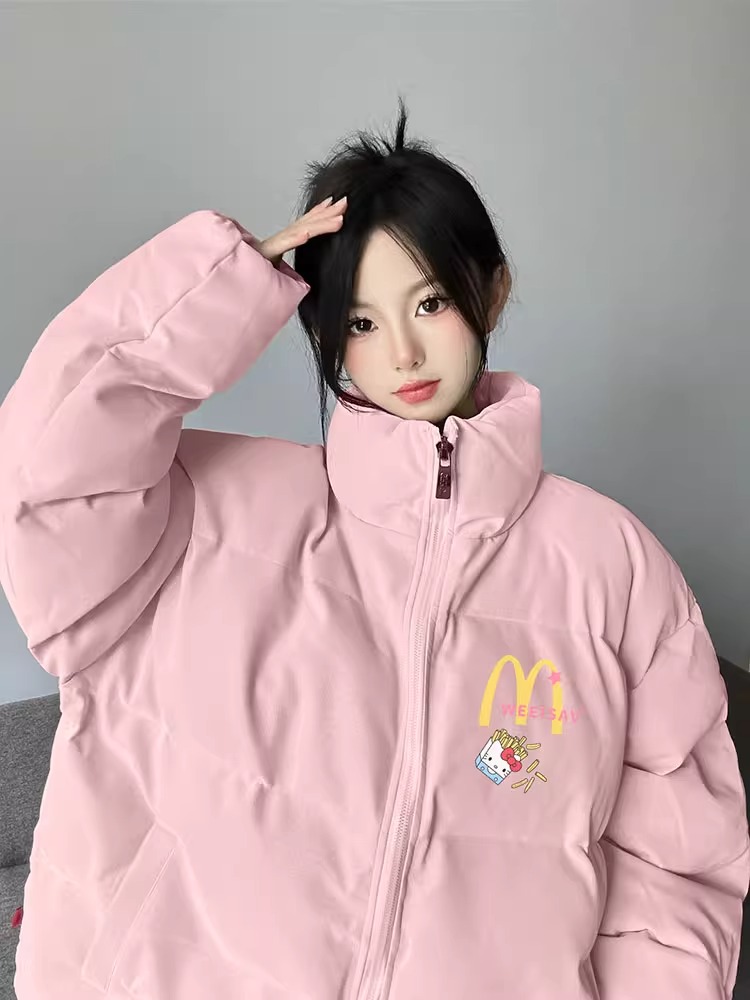 高品質手塞棉加厚冬季新款棉服寬鬆印花棉衣麵包服女