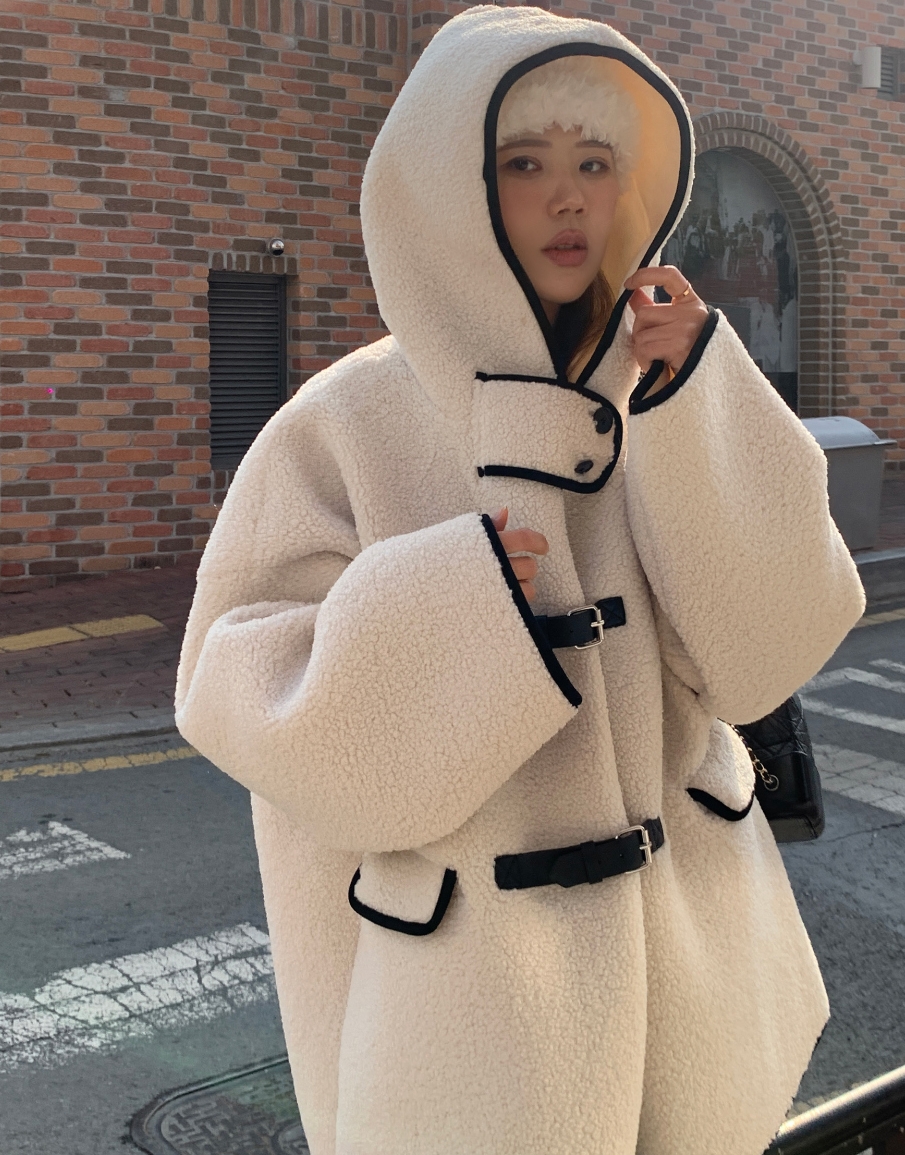 INS韓國東大門！皮毛一體寬鬆慵懶撞色鑲邊連帽中長款大衣棉衣
