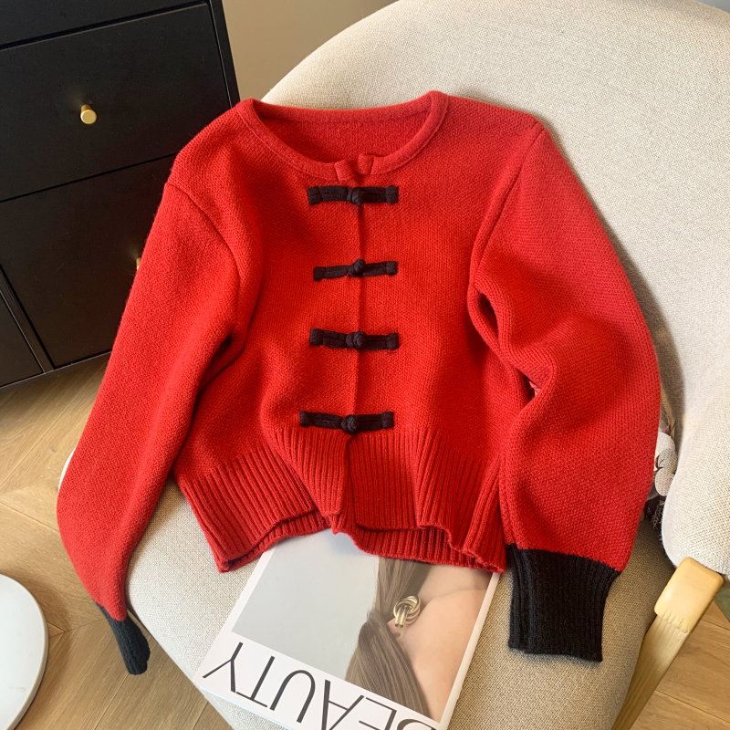 2024 Spring New National Style Disc Button Cardigan Sweater Jacket Women's Thickened Soft Waxy Lazy Knitted Inner Top Trendy