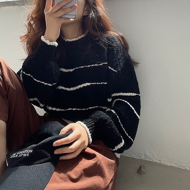 韓國東大門新款2023年慵懶風圓領條紋撞色設計感套頭毛衣女秋冬潮