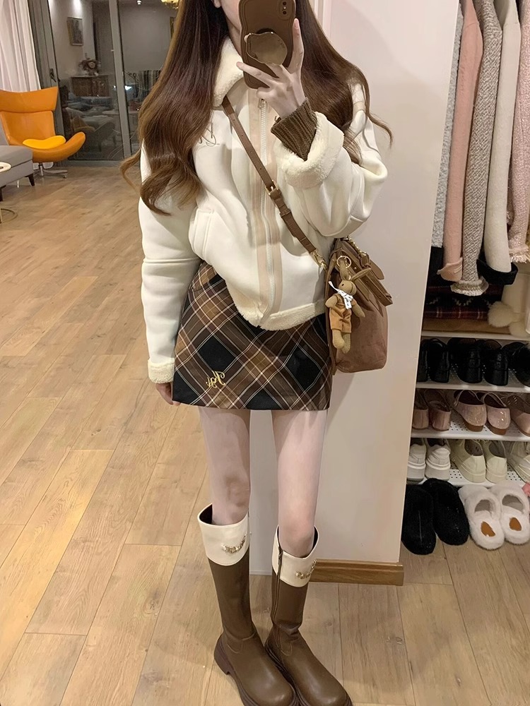 咖色復古冬季半身裙女裝小個子a字裙高腰顯瘦格子裙短裙子包臀裙