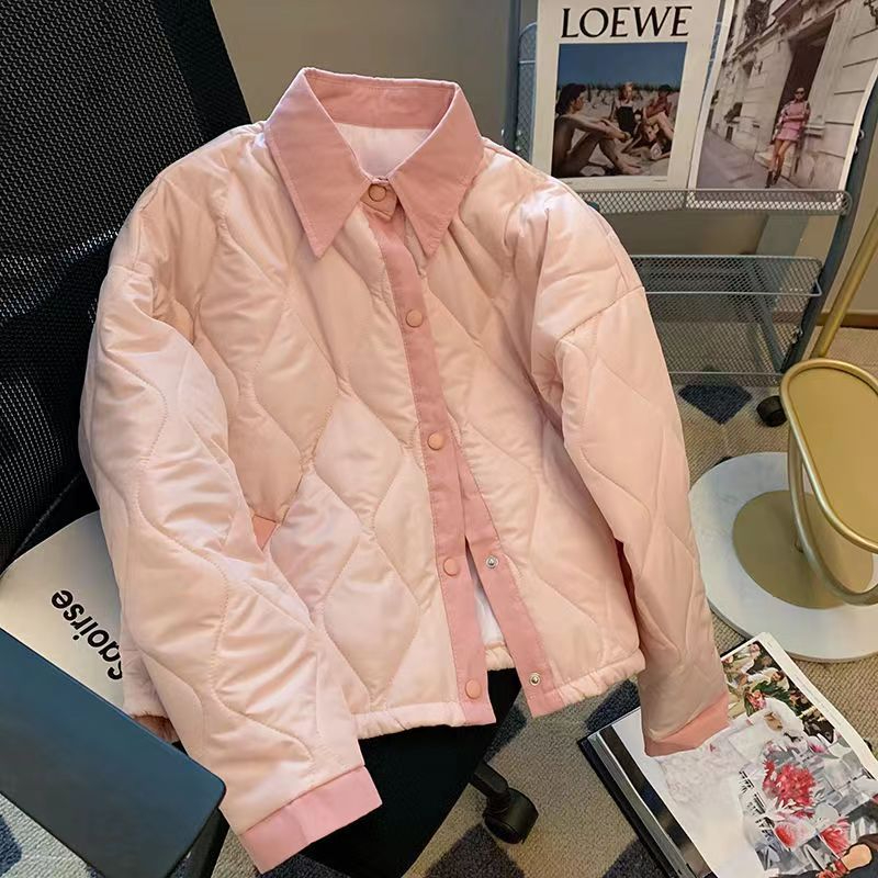 春節粉色棉服短款外套小個子麵包夾棉棒球服女紐扣開衫外穿加厚