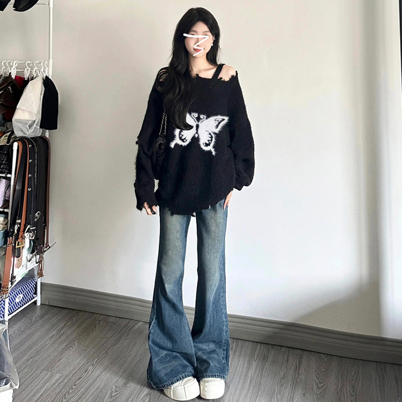 黑色露肩蝴蝶結毛衣女秋冬季2023年新款慵懶風寬鬆破洞針織衫上衣