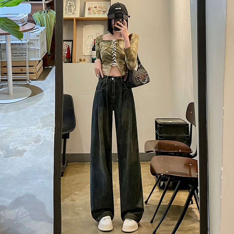 高腰直筒闊腿牛仔褲女2023年冬季加絨加厚小個子顯高顯瘦拖地褲子