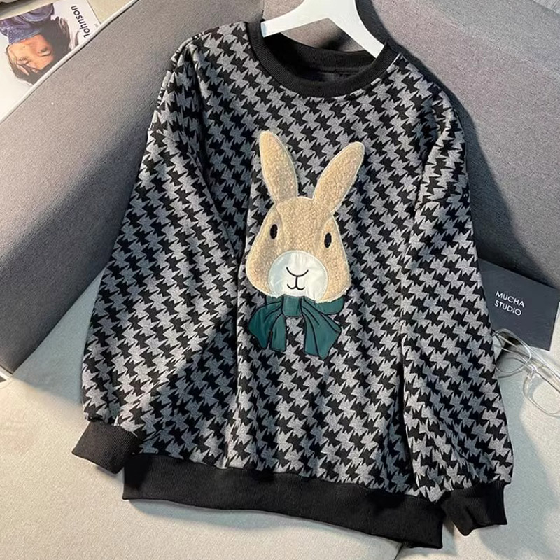原版做工圓領衛衣女2023秋冬季洋氣卡通刺繡中長款寬鬆休閒外套