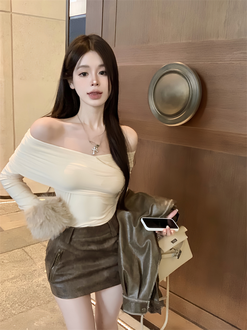 實拍 設計感名媛交叉V領毛毛袖子上衣