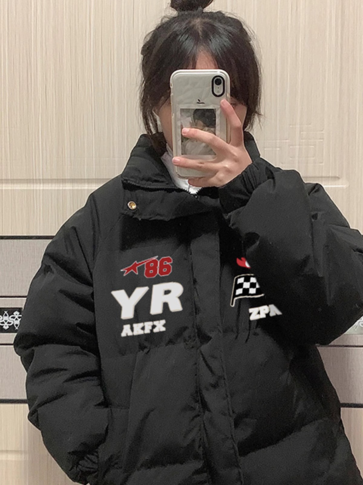 手塞棉棉服冬季新款寬鬆加厚棉衣麵包服印花外套女