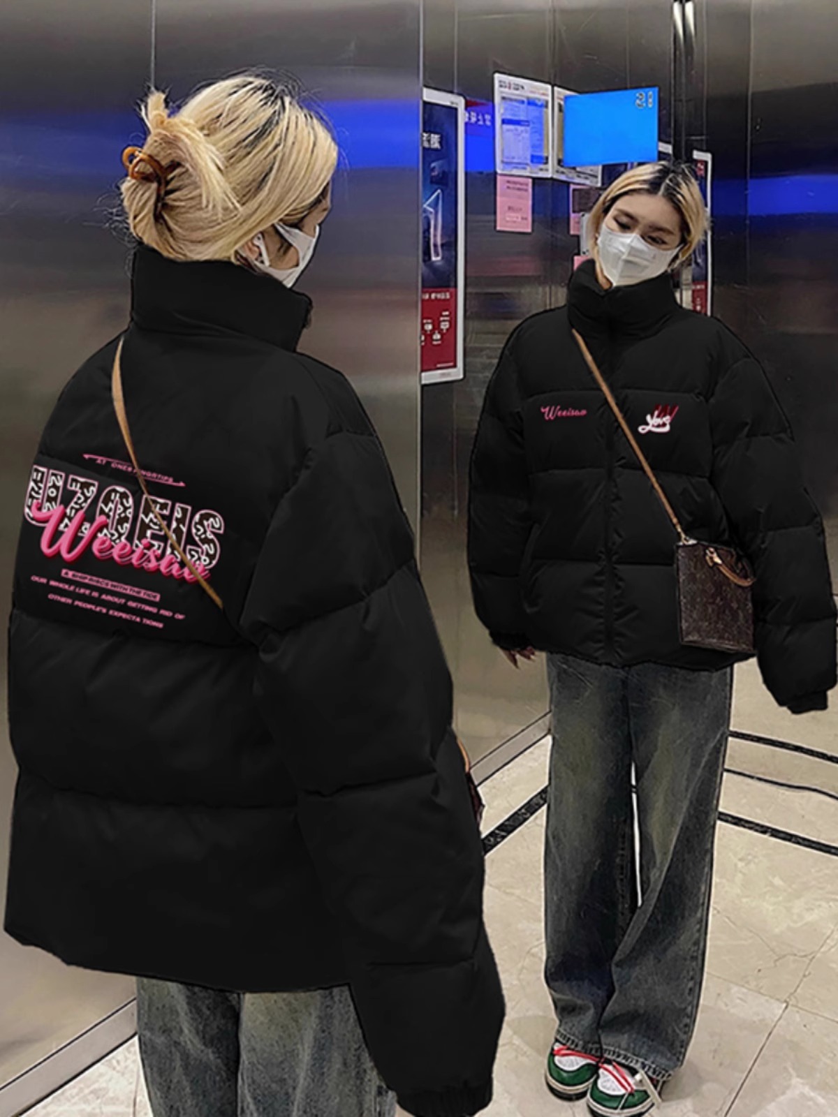 手塞棉棉服冬季新款寬鬆加厚棉衣麵包服印花外套女