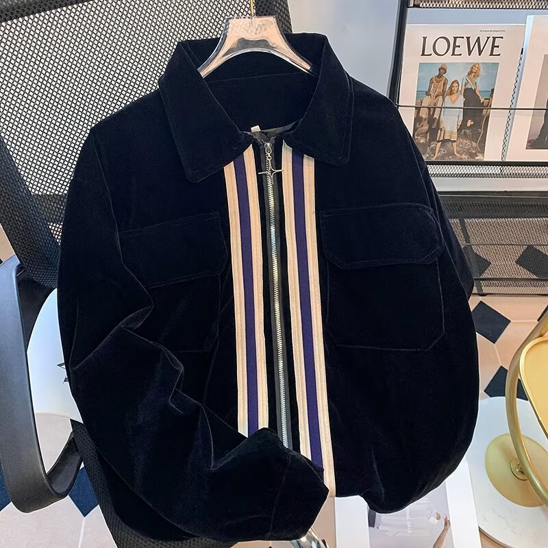 Autumn new Korean style trendy striped splicing velvet short jacket for women loose lapel zipper trendy jacket for women