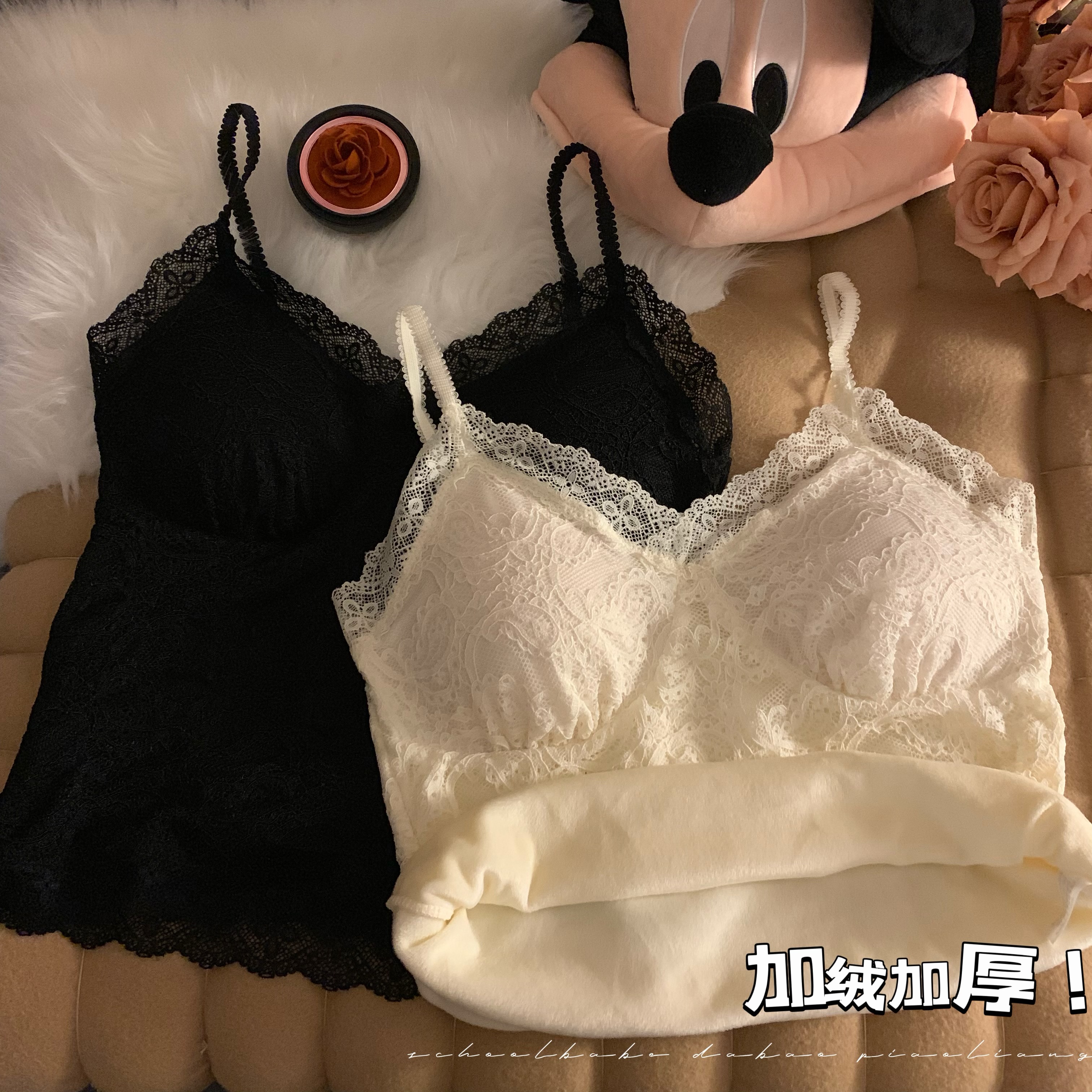 實拍蕾絲拼接吊帶背心秋冬保暖加絨加厚內搭打底衫修身帶胸墊
