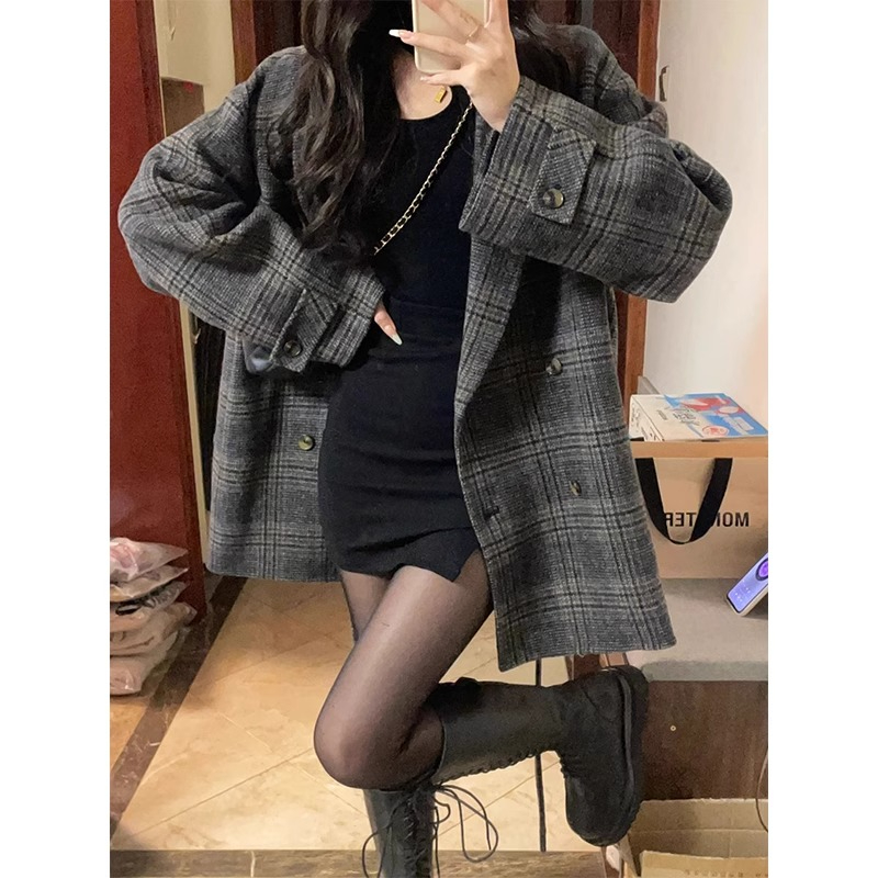 短款呢子大衣女2023年新款秋冬季格子毛呢外套高級感加厚西裝韓系