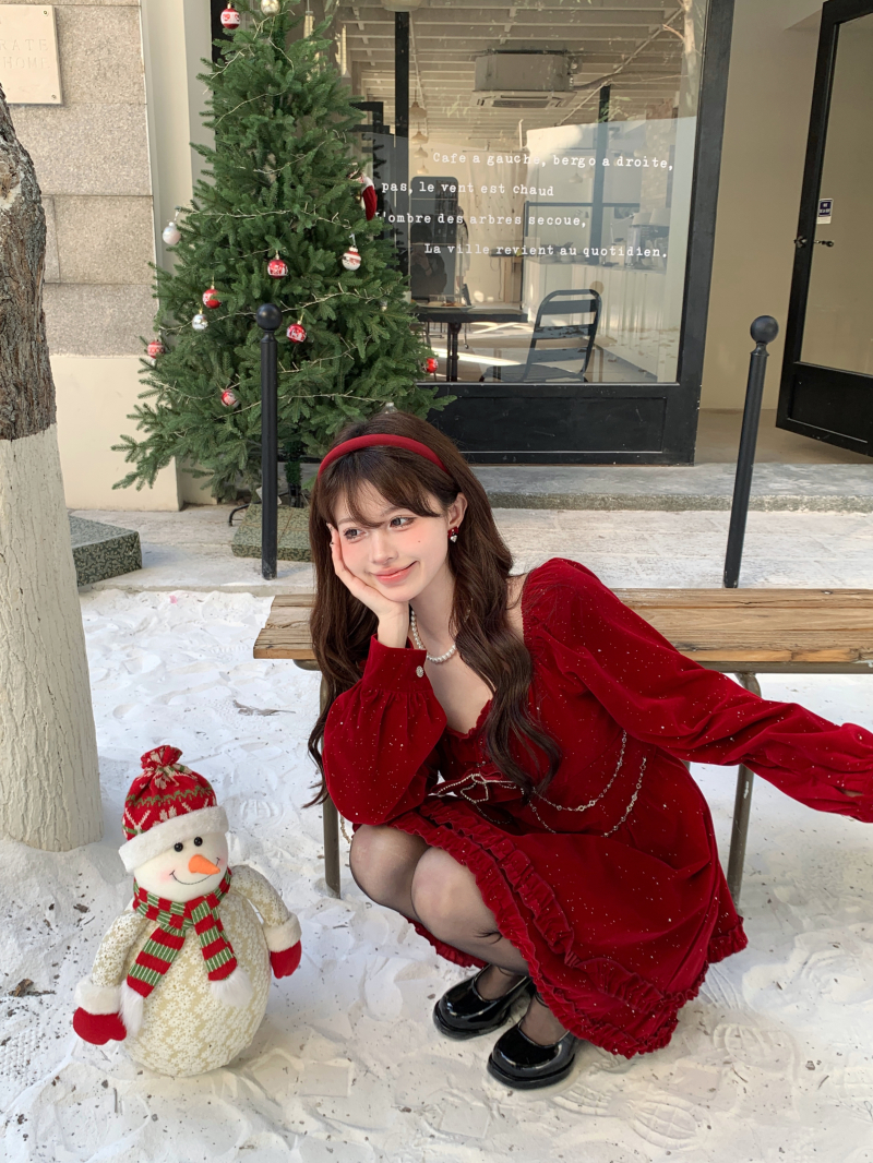實拍 法式秋冬氣質顯瘦亮閃閃聖誕新年絲絨連衣裙