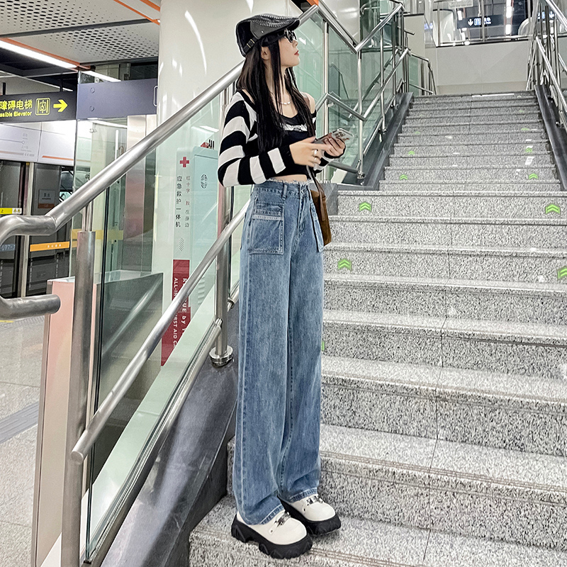 實拍 高腰闊腿褲牛仔褲女寬鬆2024春秋新款顯瘦拖地褲設計感小眾