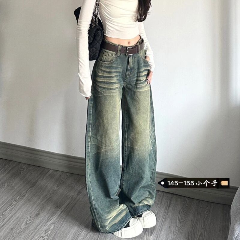 美式復古懷舊闊腿牛仔褲女小個子秋冬新款直筒顯瘦寬鬆垂感長褲潮
