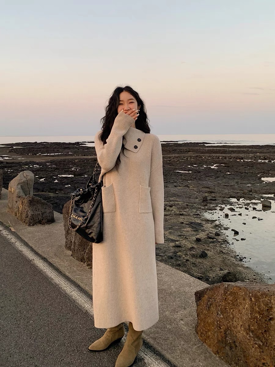 任小藝  雲感紗線 高領長款毛衣裙女韓版寬鬆秋冬顯瘦打底連衣裙