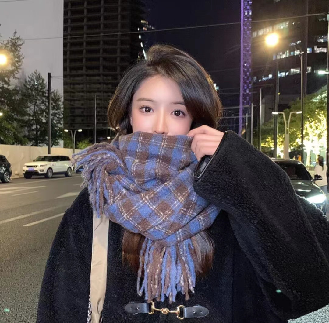 氛圍感英倫大格子圍巾女秋冬季時尚百搭加厚保暖長款流蘇圍脖潮