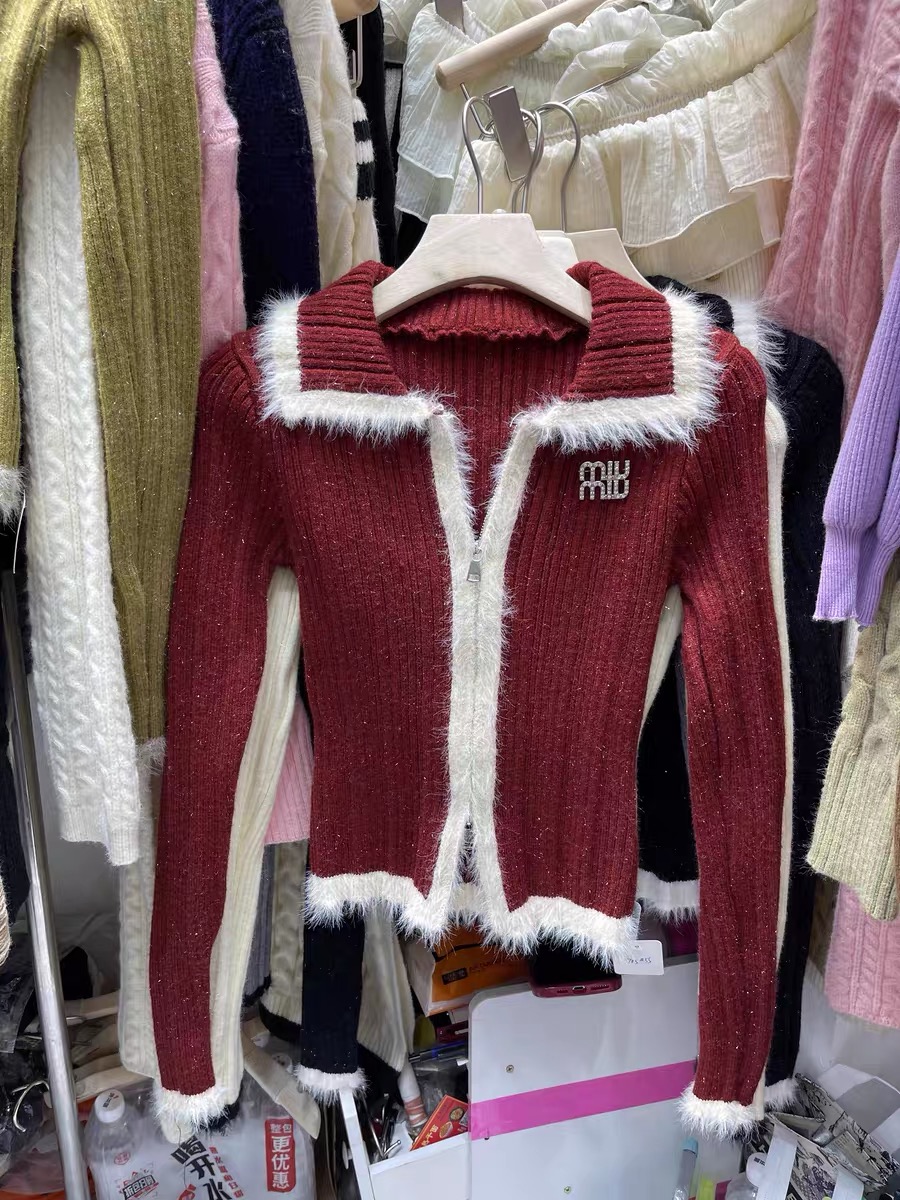 Red Christmas Plush Spliced ​​Lapel Knitted Cardigan Women's Autumn and Winter Slim Fit Chic Double Zipper Bottoming Sweater