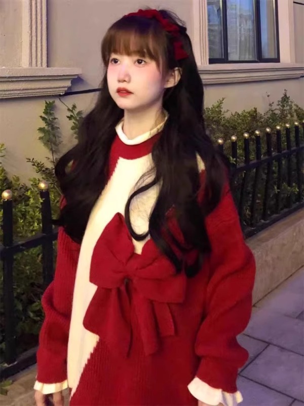 2023年秋冬女士毛衣慵懶風套頭寬鬆新年聖誕紅色蝴蝶結針織衫上衣
