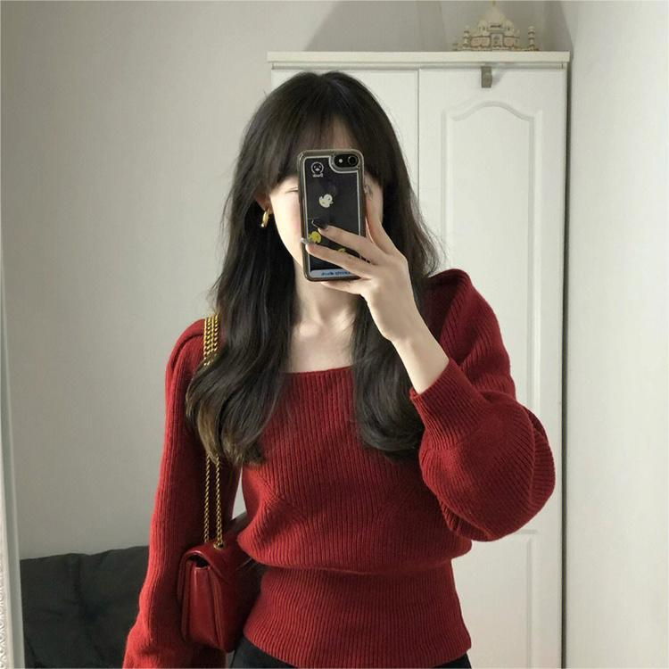 新年紅色方領毛衣女冬季寬鬆外穿溫柔風泡泡袖針織衫打底內搭上衣