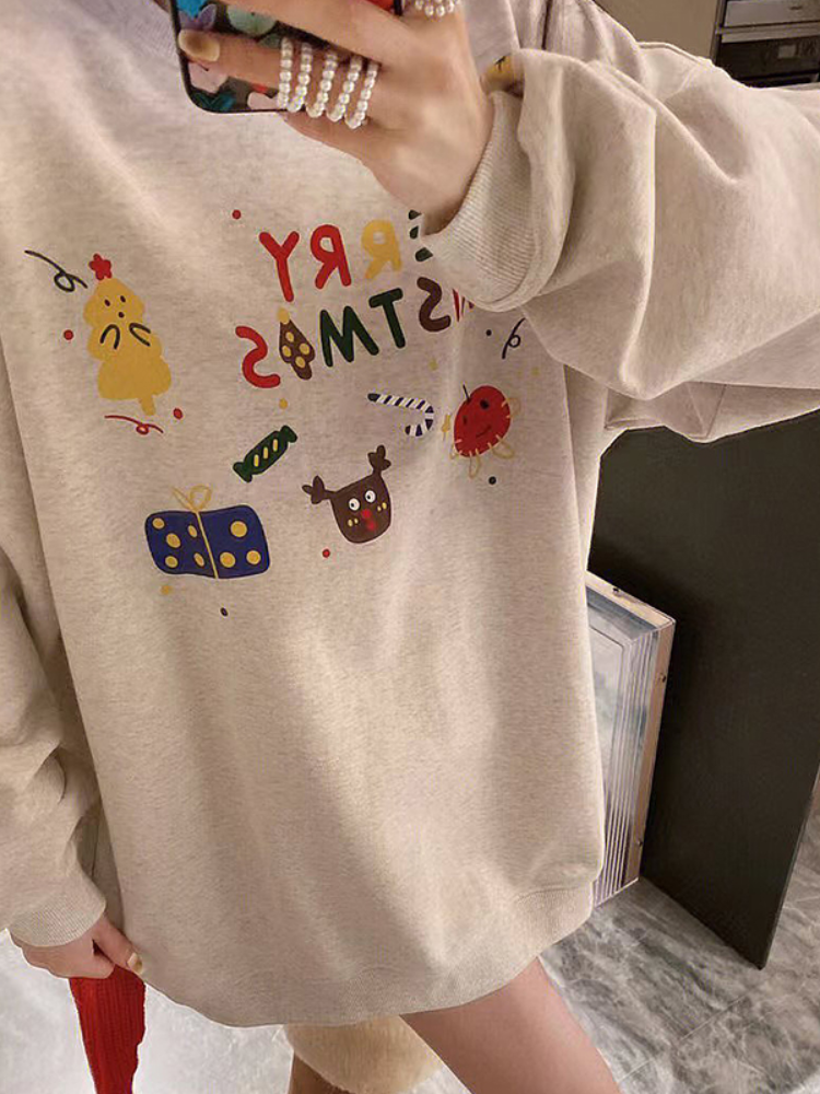 Official photo Chinese cotton composite thin 310g/plus velvet 410g autumn and winter sweatshirt for women with printed loose large size