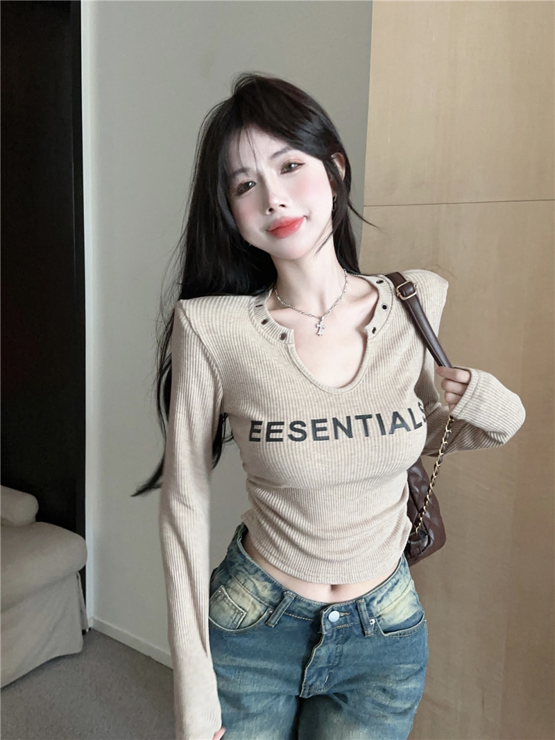 實拍~美拉德絕sha純欲U領設計感小個子打底衫女長袖內搭T恤