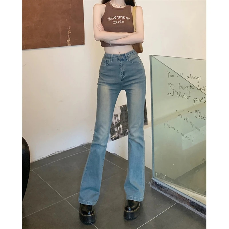 辣妹高腰復古修身牛仔褲女韓版彈力顯瘦微喇叭拖地馬蹄長褲子