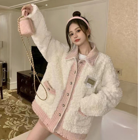 羊羔毛絨外套女裝冬季2023新款拼接設計感寬鬆長袖加絨棉衣外套女